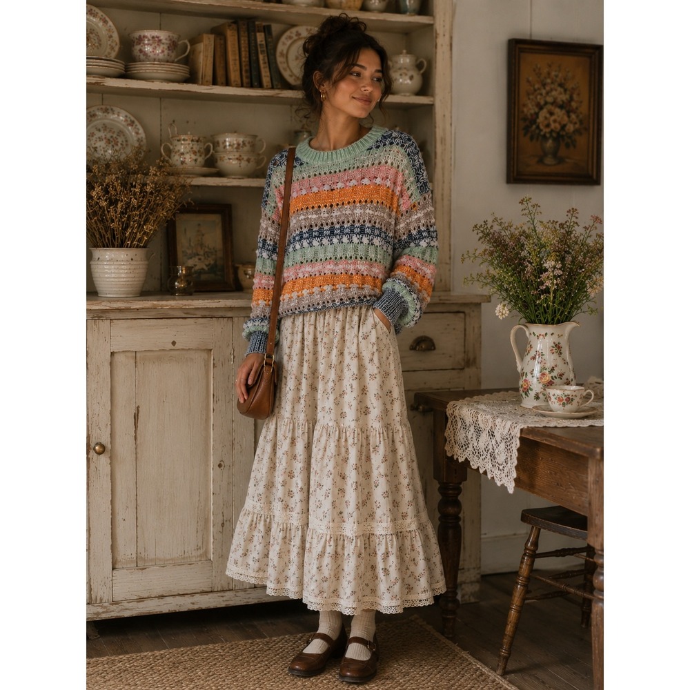 Lou & Grey‎ Pink Multi Striped Open Knit Sweater Womens XS Grandmacore NWT
